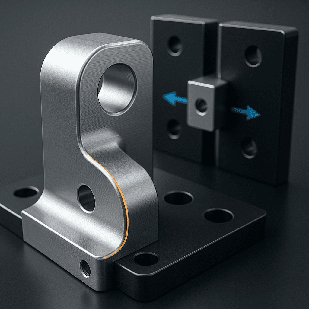 Mechanical part with asymmetric fillet and a component centered between two plates