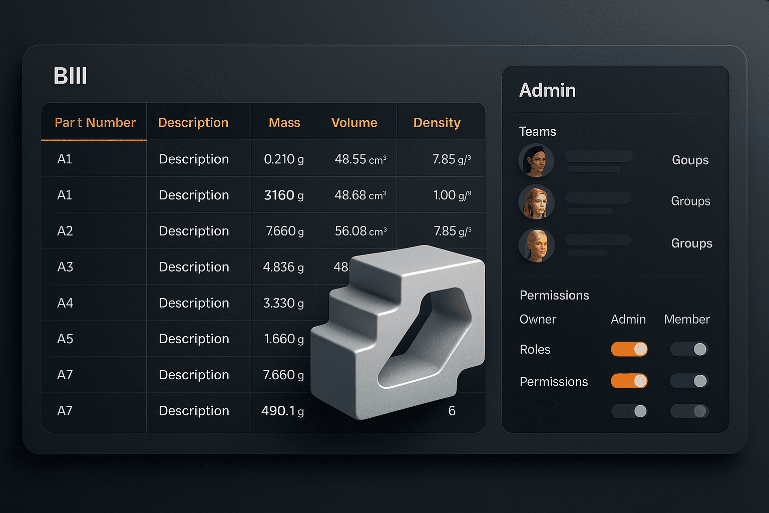 BOM interface with physical properties next to a hub administration panel