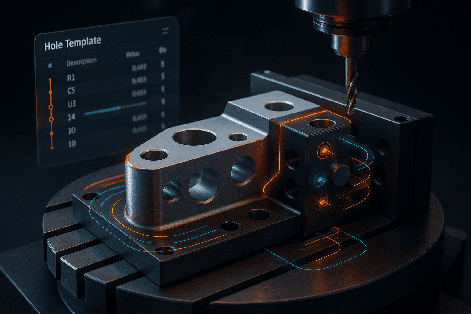 CAM workspace with hole template editor and colorful multi-axis drilling toolpaths