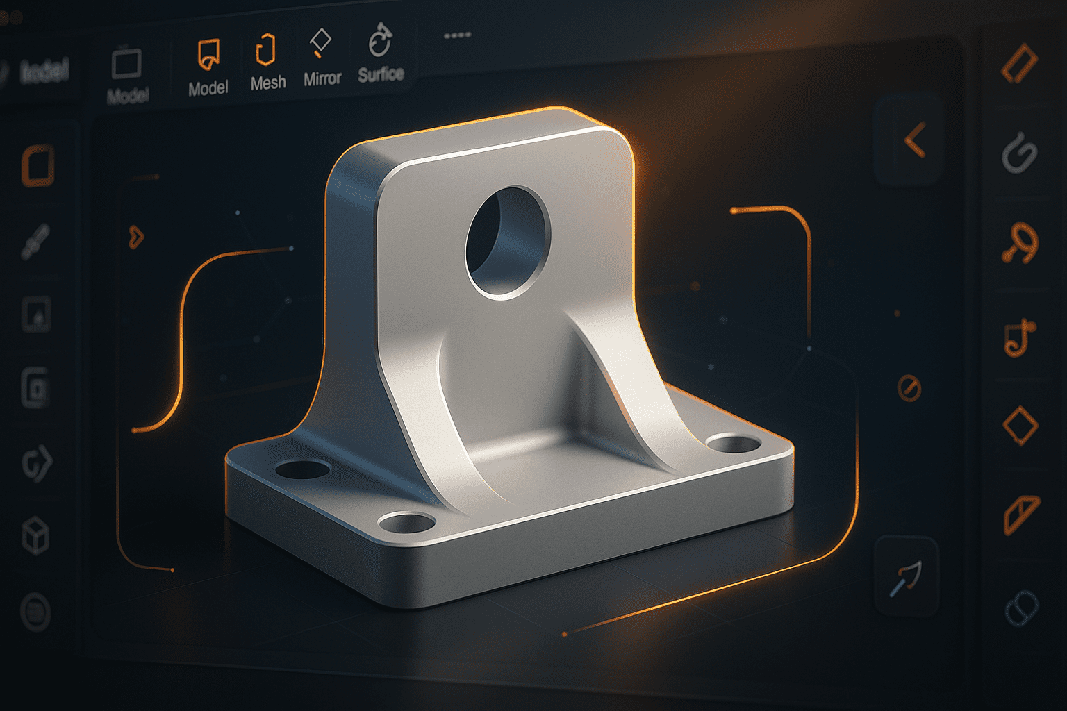 Autodesk Fusion-style interface with 3D mechanical model and asymmetric fillets