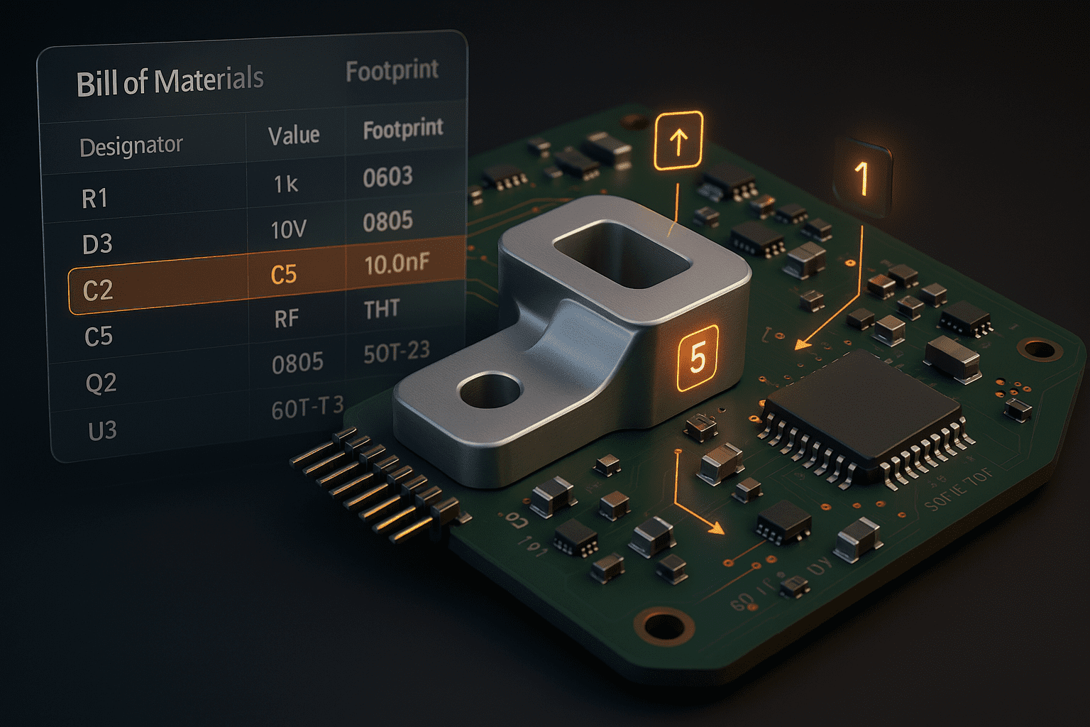 3D PCB with highlighted components next to an electronics BOM and renumbering controls