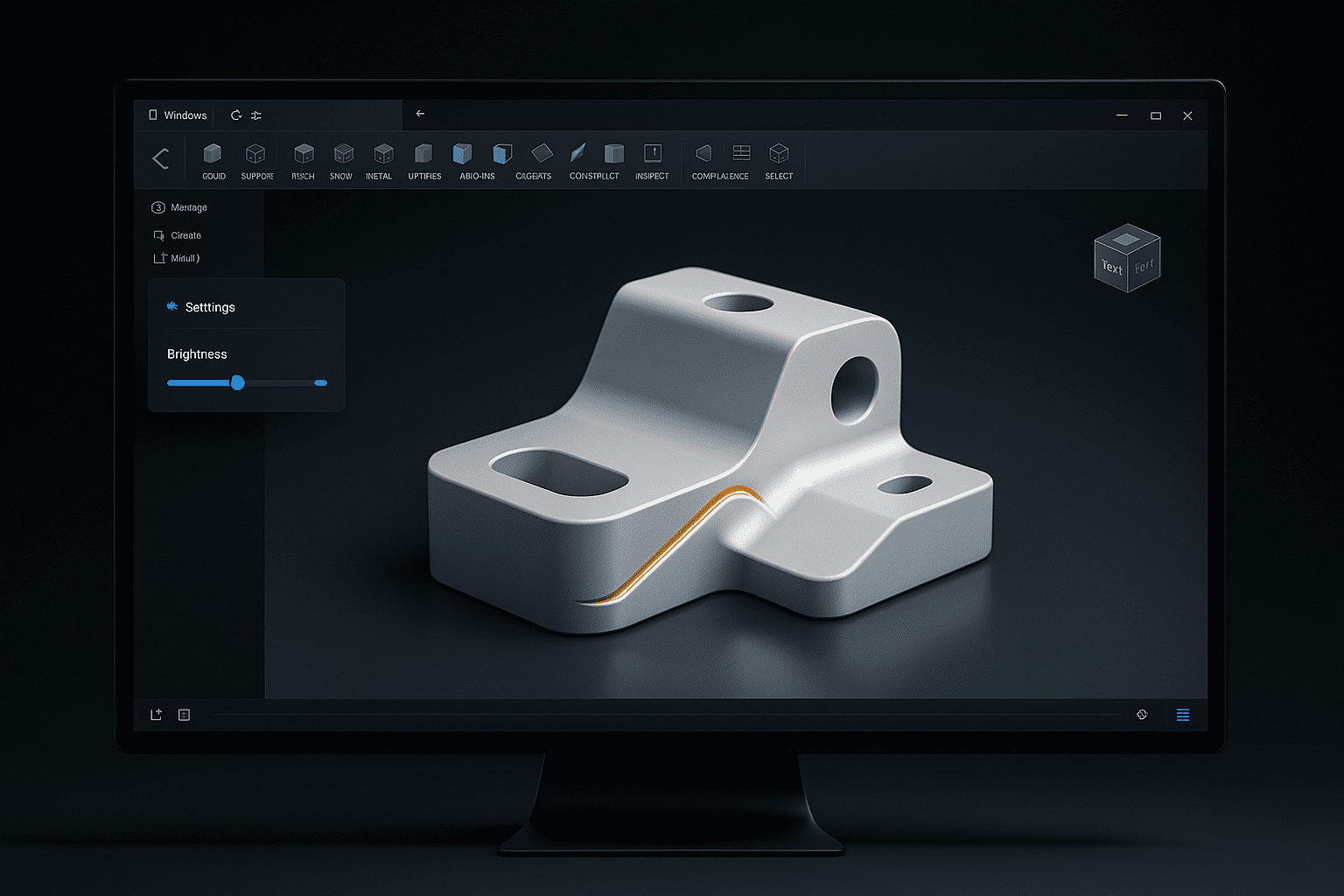 Dark match-OS CAD interface with exposure slider and view cube focusing on a 3D part